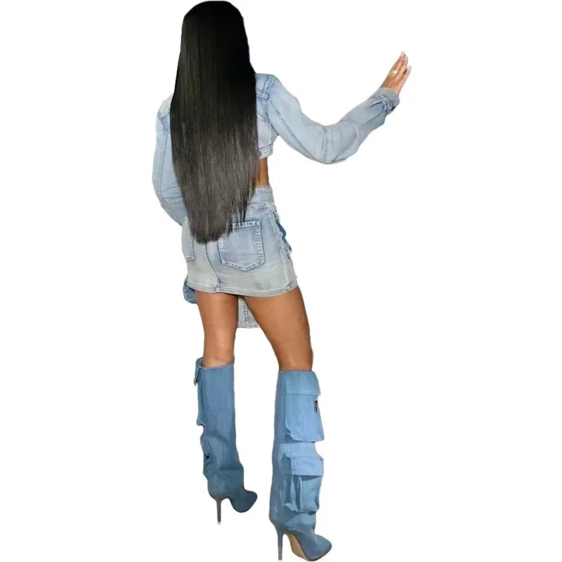 nvxiot - Women Jeans Cargo Two Piece Set Turn Down Collar Long Sleeve Single Breasted Crop Jackets Top Pockets Belt Mini Skirts Suits