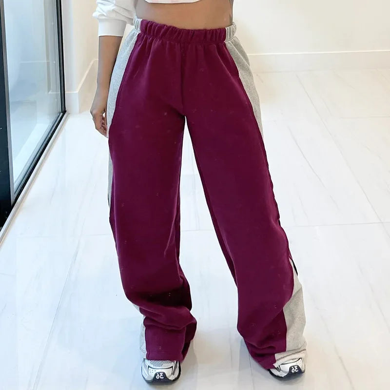 nvxiot - Contrast Color Fleece Loose Casual Pants Women Autumn Winter Elastic Waist Fashion Trousers Streetwear Bottoms Sweatpants