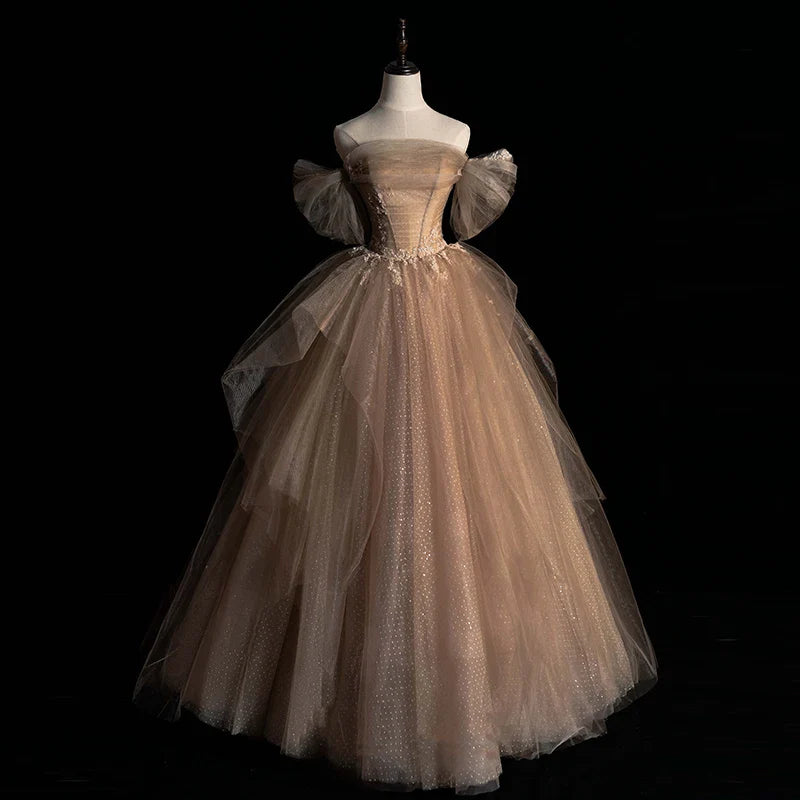 MQTIME - Strapless Champagne Ball Gowns Floral Appliques Tulle Banquet Host Dresses Sequin A-Line Women Luxury Evening Vestidos