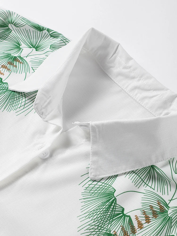 MQTIME - Casual Green Print Shirts Set Women Loose Single Breasted Blouses Pleated Drawstring Wide Leg Pants 2024 Summer Lady Outfit
