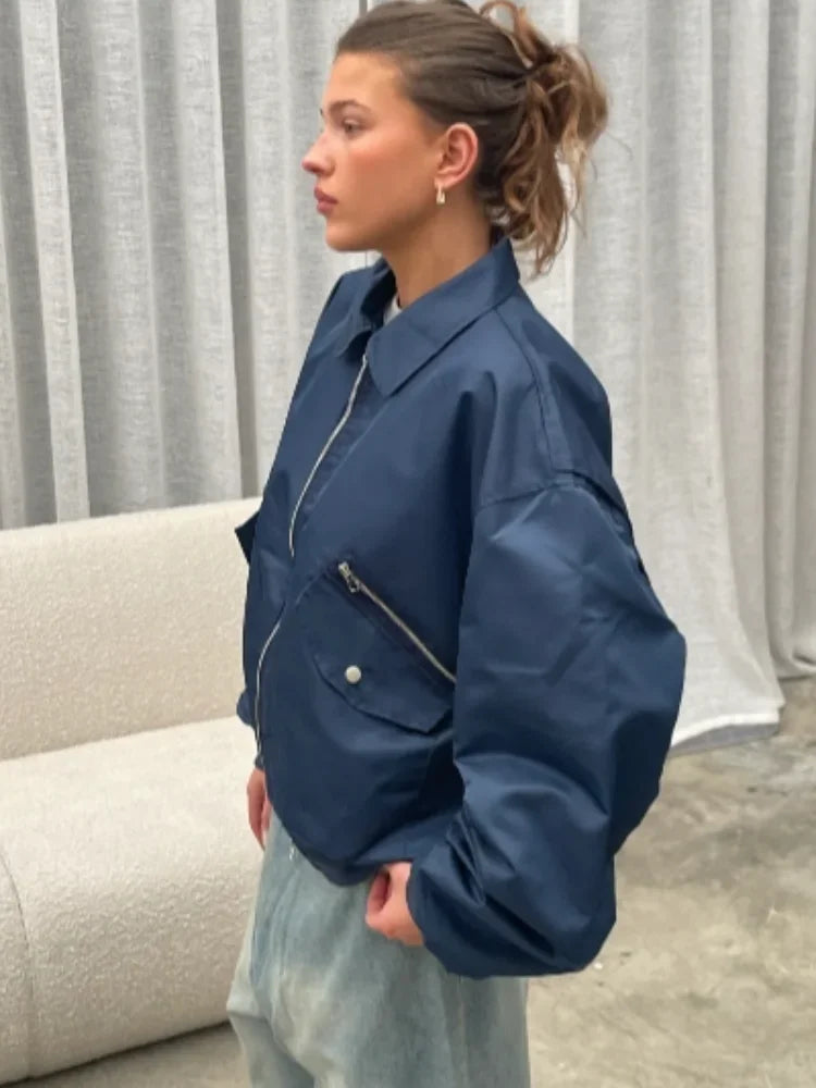 MQTIME - Fashion Zipper Lapel With Pockets Bomber Jacket Women Casual Solid Long Sleeves Short Coats 2024 Autumn Lady Street Outerwear