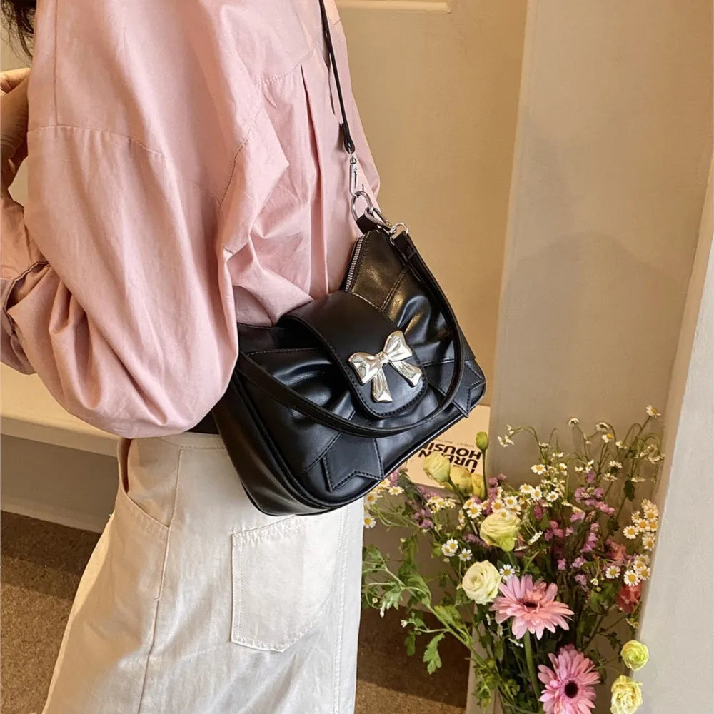 nvxiot - Sweet Cool Bow Y2k Bags Purses Women Hot Girls Leather Chic Handbag Messenger Bag Ladies Harajuku Square Bag Bolso Mujer