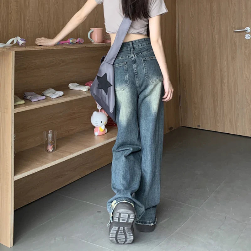 nvxiot Vintage Y2K Distressed Hole All Match Washed Jeans Women Summer New High Waist Bleached Loose Casual Wide Leg Pants