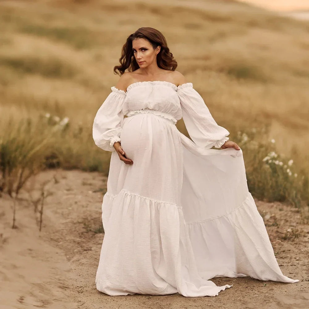 nvxiot - Retro Bohemian Pregnancy Dress Photo Shooting Comfortable Maternity Wear Linen Cotton sexy Off Shoulder Top Large Skirt Hem