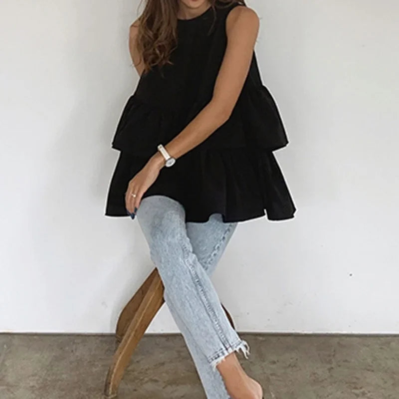 MQTIME - Black Sleeveless Women's New Fashion Summer Kawaii Round Neck T-shirt Top with Ruffled Cute Korean Loose Women's Vest Top