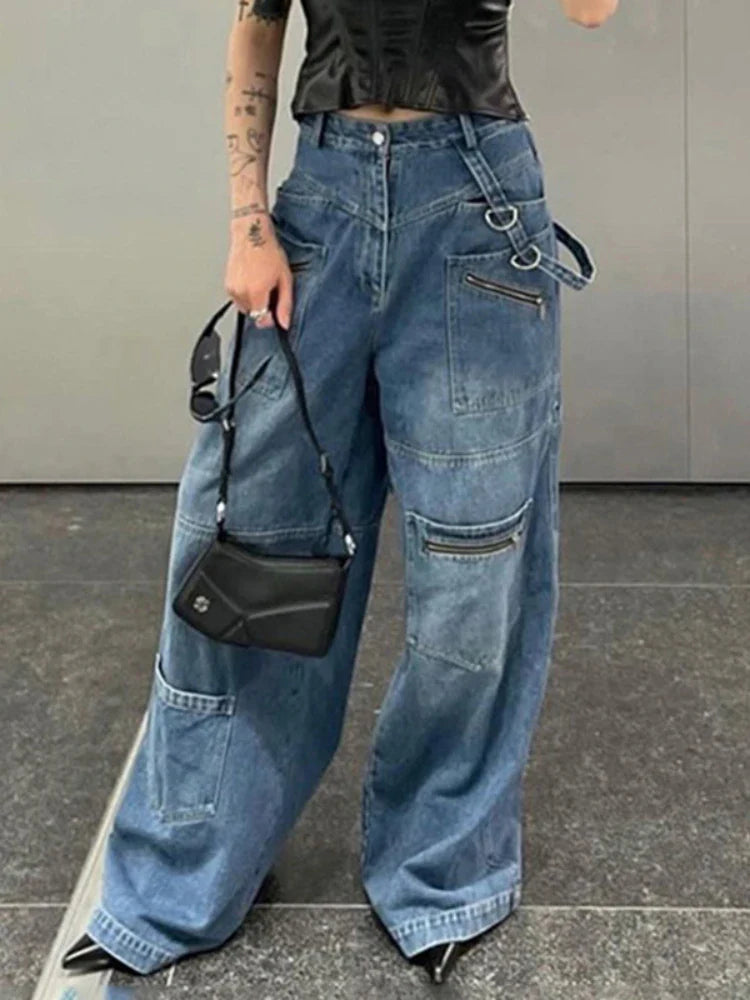 nvxiot - Women's Multi-pocket Distressed Jeans Female Long Pants Straight Wide-leg Zipper Streamer denim trouser Spring New Fashion 2024