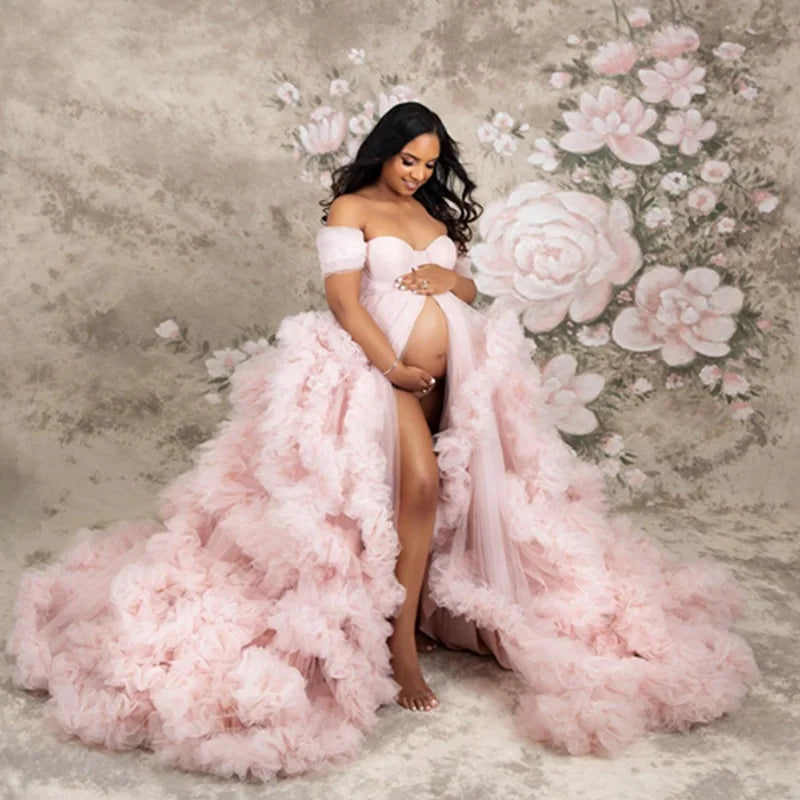 nvxiot - Pearl Tulle Maternity Dress for Photoshoot Long Puffy Sleeve Off Shoulder Babyshower Bridal Pregnancy Gowns