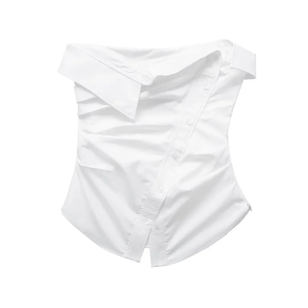 MQTIME - Summer 2024 European and American Style Women's New Style Fashionable and Versatile Slim Asymmetric Button Striped Tube Top