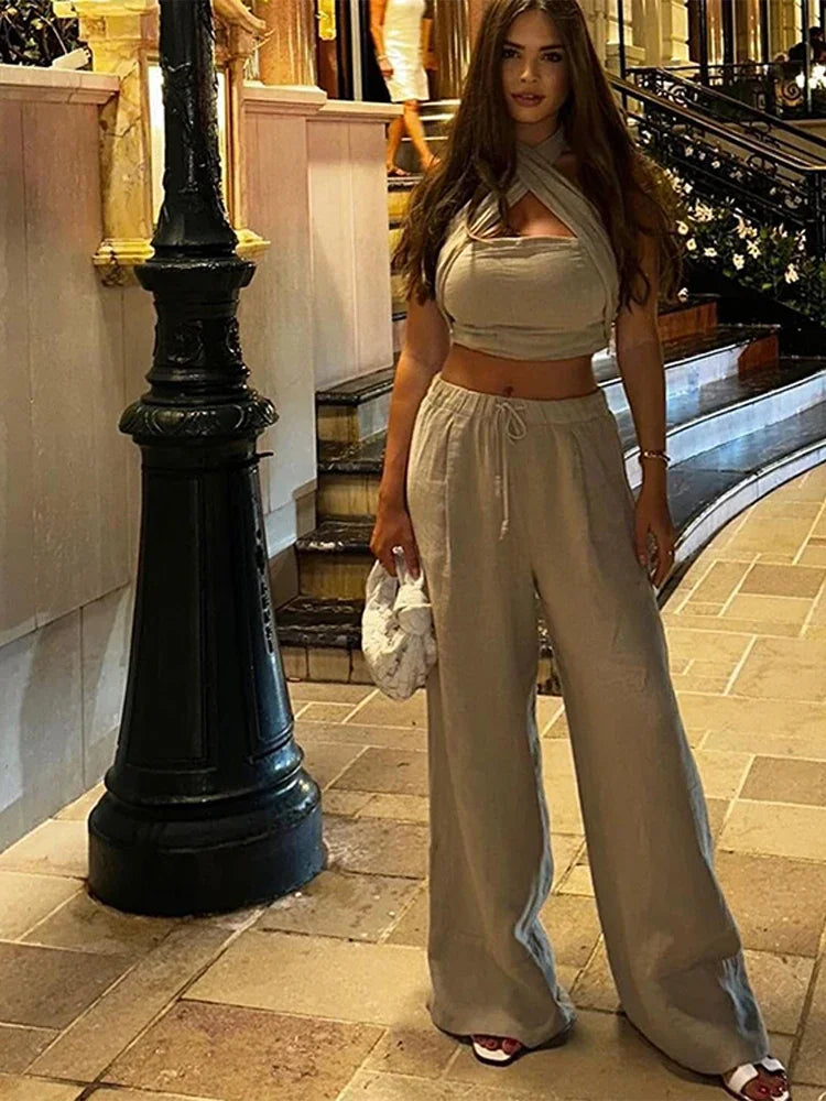 MQTIME - Casual Halter Tank Top Pants Set Women Sexy Sleveless Backless Cropped Top Drawstring Wide Leg Trouser 2024 Summer Women's Suit