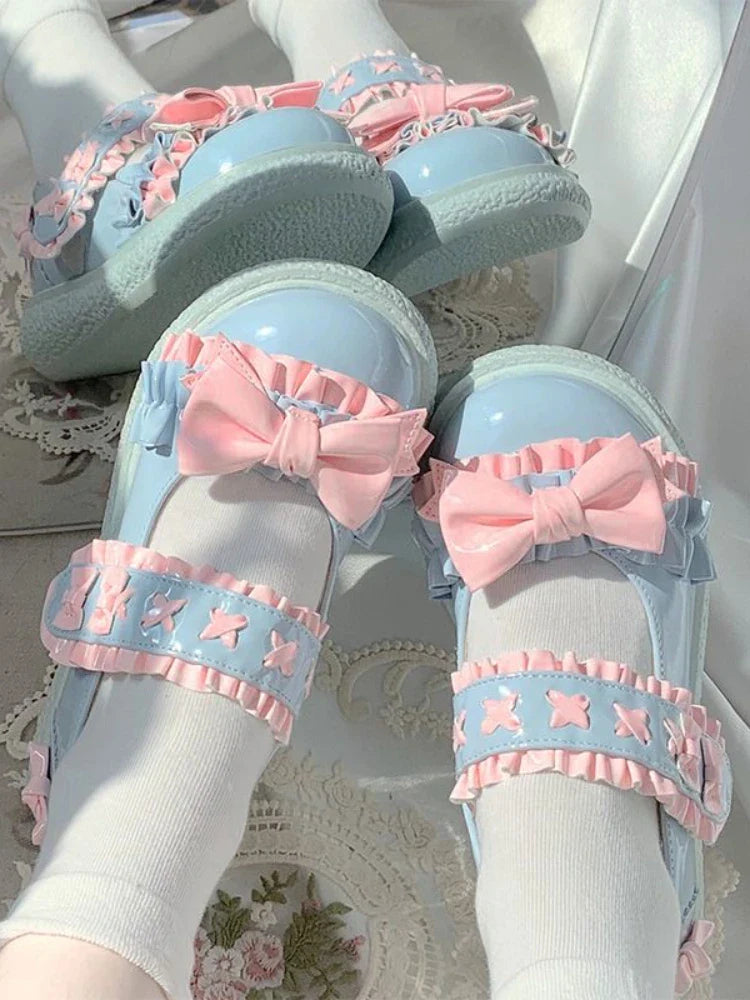 MQTIME - Lolita Kawaii Mary Janes Shoes Women Slip-on Japanese Sweet Flat Shoes Ladies Butterfly-knot Cute Fashion Round Toe Shoes Summer