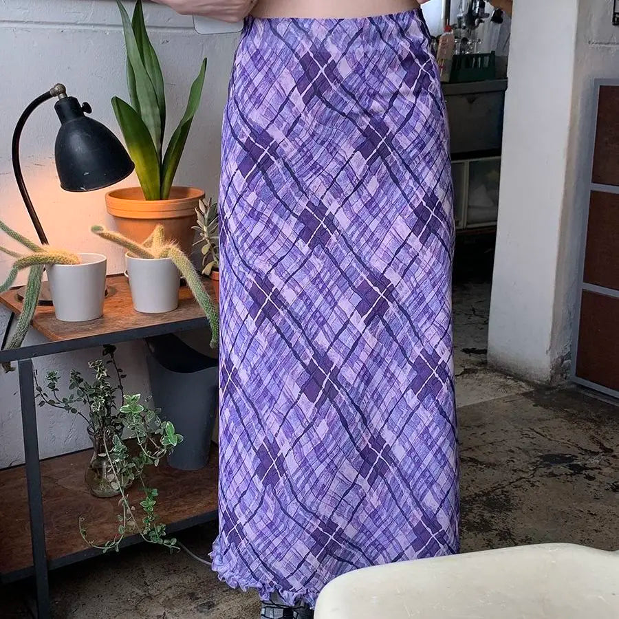 MQTIME - Vintage Purple Plaid Midi Long Skirt Plus Size Oversized 4XL Women Skirts y2k fairycore 2000s aesthetic korean clothing japanese