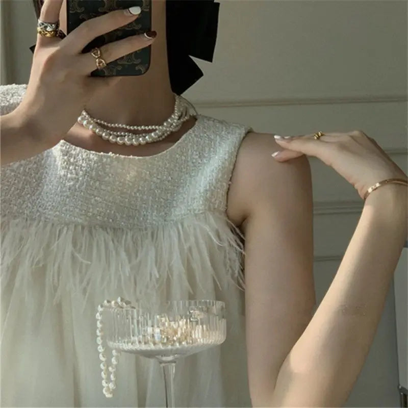 MQTIME - Summer New French Small Fragrance Style Paired Feather Sleeveless Doll Shirt Female Round Neck Short White Tank Top Women Trendy