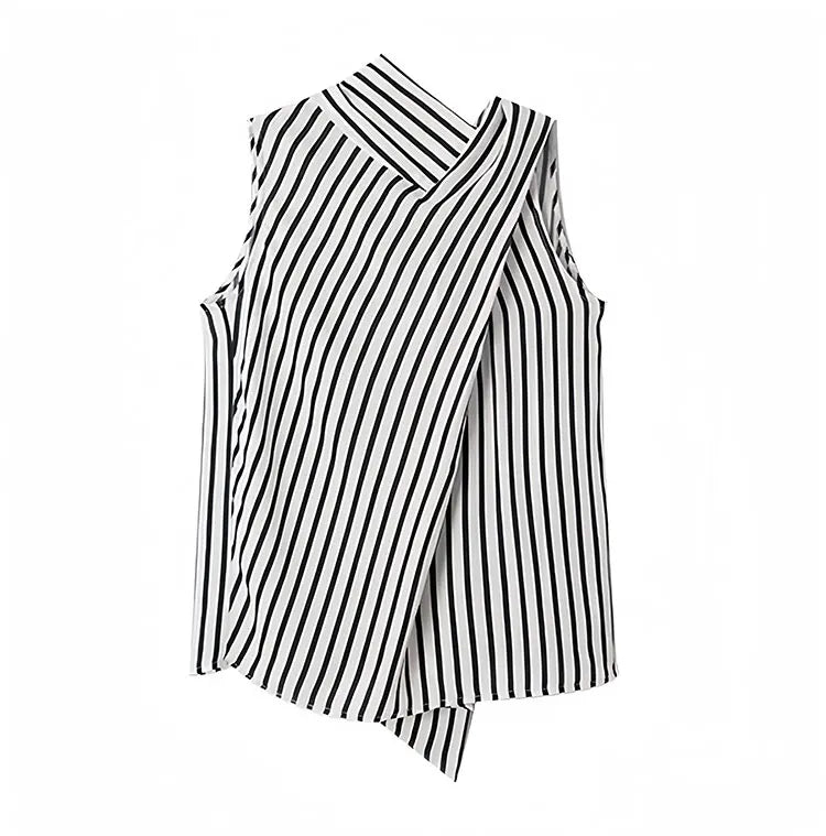 MQTIME - Black White Stripe Tank Tops for Women Sleeveless Bow Lace Up Collar Crop Top Office Lady Elegant Chic Clothing Summer
