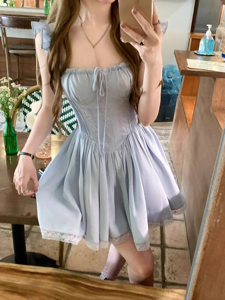 MQTIME - Pure Color Y2k Mini Dress Women Sleeveless Beach Style One Piece Dress Korean Fashion Even Party Dress Vintage Chic Outwear