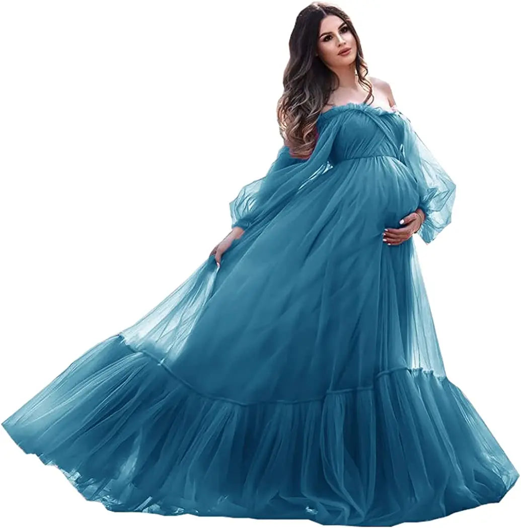 nvxiot - Puffy Sleeve Maternity Dress Tulle Robe With Underskirt for Photoshoot Off Shoulder Pregnancy Baby Shower Gown