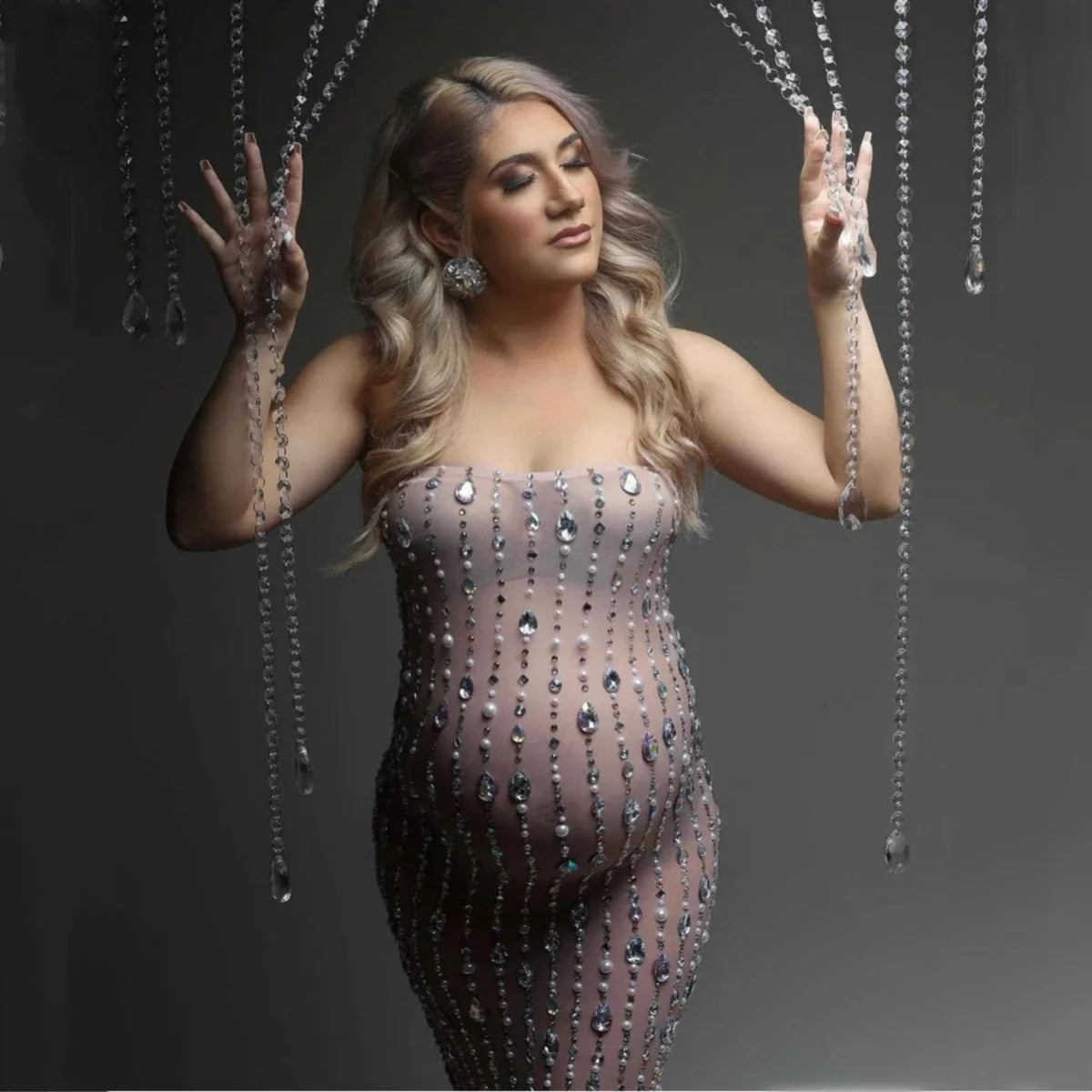 nvxiot - Rhinestone Bandeau Maternity Dress For Photo Shooting See Through Pregnant Woman Photography Outfit