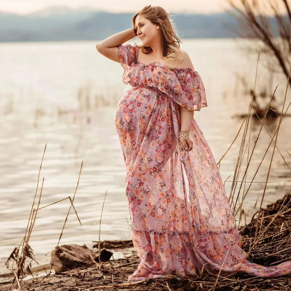 nvxiot - Fall Outfits 2024 Bohemian Photo Shooting Pregnancy Dress Printed Chiffon Off Shoulder Two-Piece Dress Maternity Dresses For Baby Showers