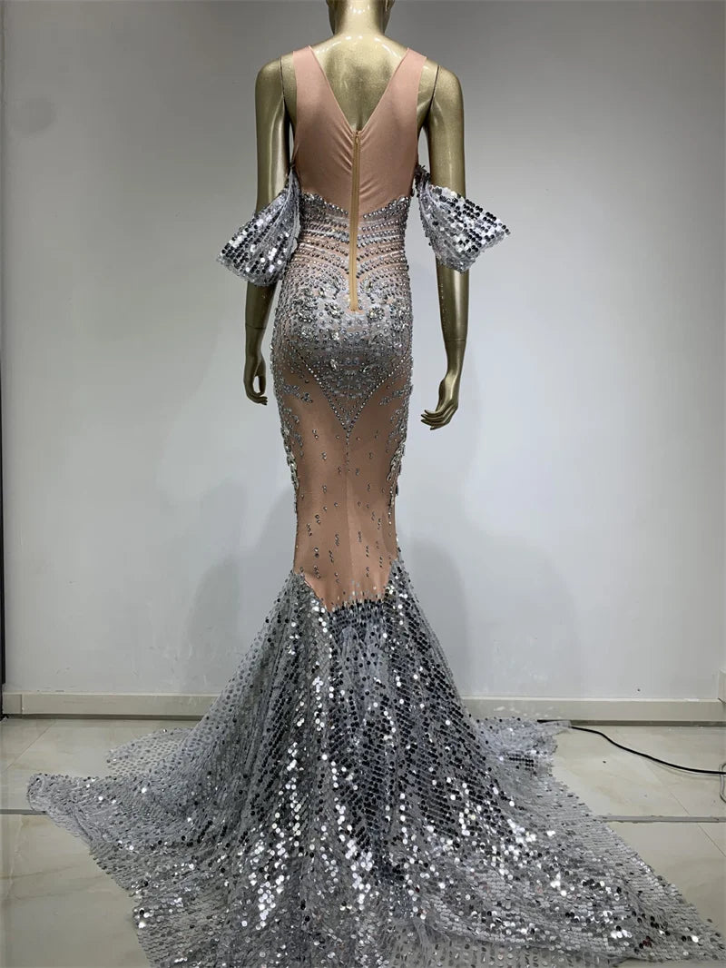 nvxiot - New Arrivals Elegant Shiny Rhinestones Off Shoulder Sexy Maternity Shoot Dress Sequin Fishtail Robe De Soiree