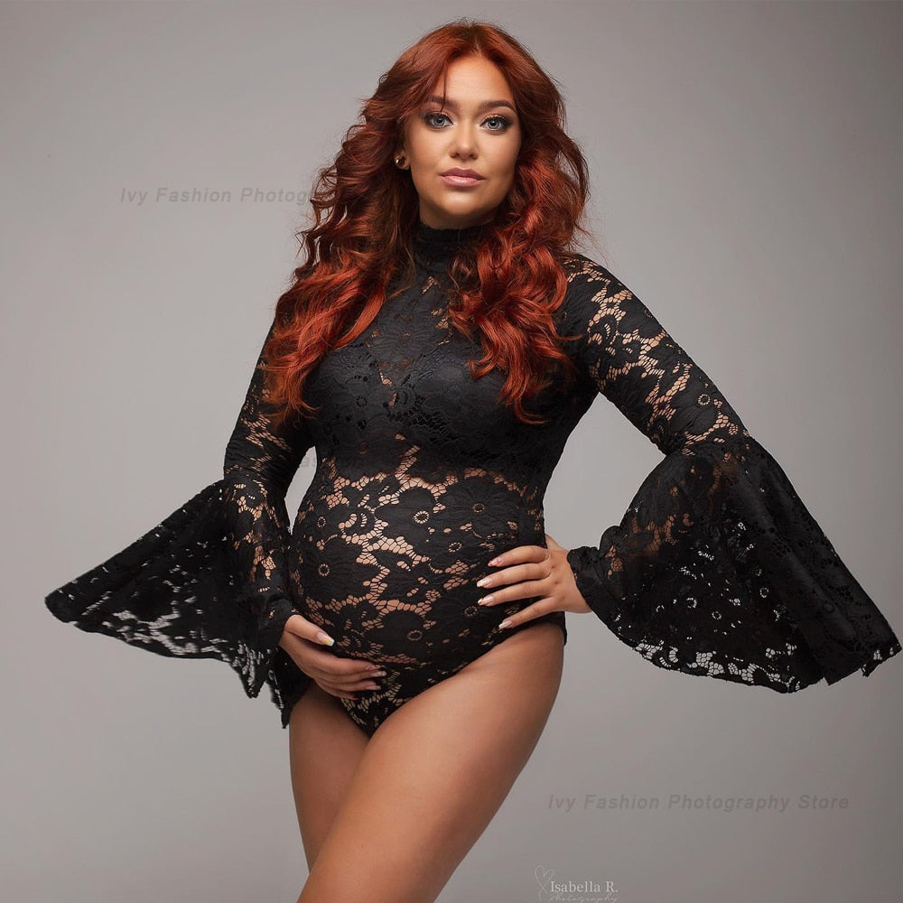 nvxiot Maternity Dress For Photo Shoot Pagoda Sleeve For Pregnant Women Sexy Stretch Lace Pregnancy Size Jumpsuit Photo Shoot Bodysuit