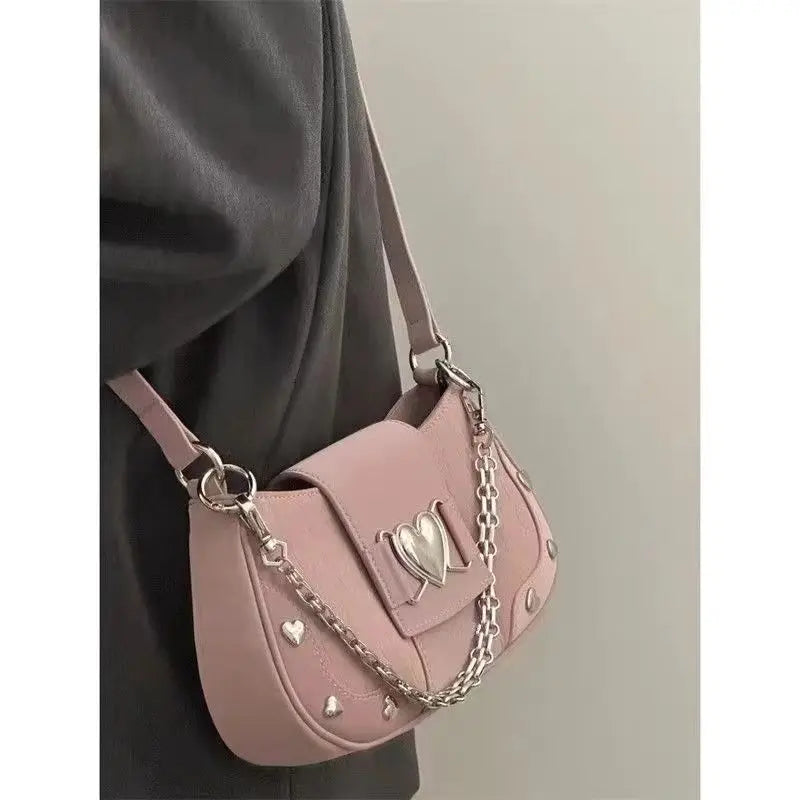 nvxiot - Hot Grils Y2k Handbag Women Vintage Sweet Cool Heart Chain Pink Underarm Bag Female Fairycore Aesthetic Shoulder Bag new