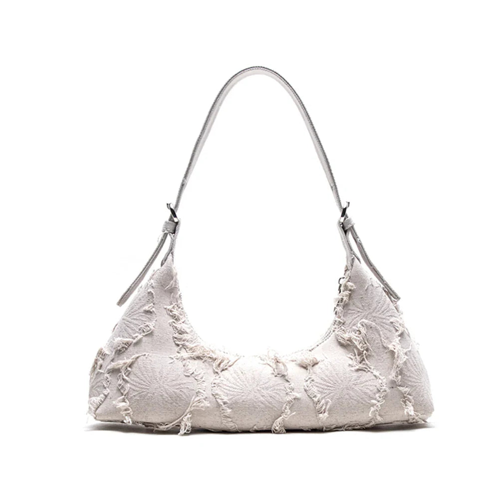 nvxiot - Celebrity Same Style Bag Ins Blogger Baguette Stitching Canvas Patch Tassel Bag Retro Single Shoulder Armpit Bag for Women