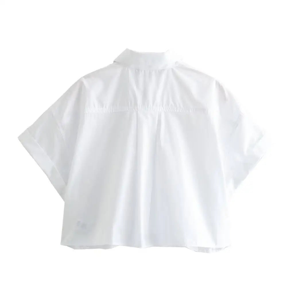 MQTIME - Women 2024 Fashion Crop Poplin Shirt Casual Lapel Collar Short Sleeved Splicing Cardigan Pocket Front Button Female Blouse