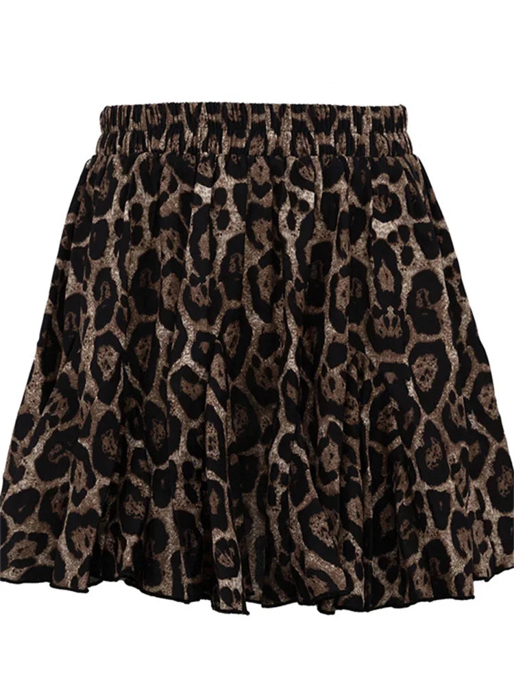 nvxiot - Fall Outfits 2024 Vintage Leopard Printed Skirt Female Sexy Casual Lace-Up Slim Contrast High Waist Commute Clothes Women's Pleated Skirts