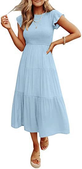 nvxiot New Maxi Dresses for Women Leisure Fashion Summer Elegant Chic Ruffle Sleeve Shirred Party Vacation Prom Dress Female Clothing