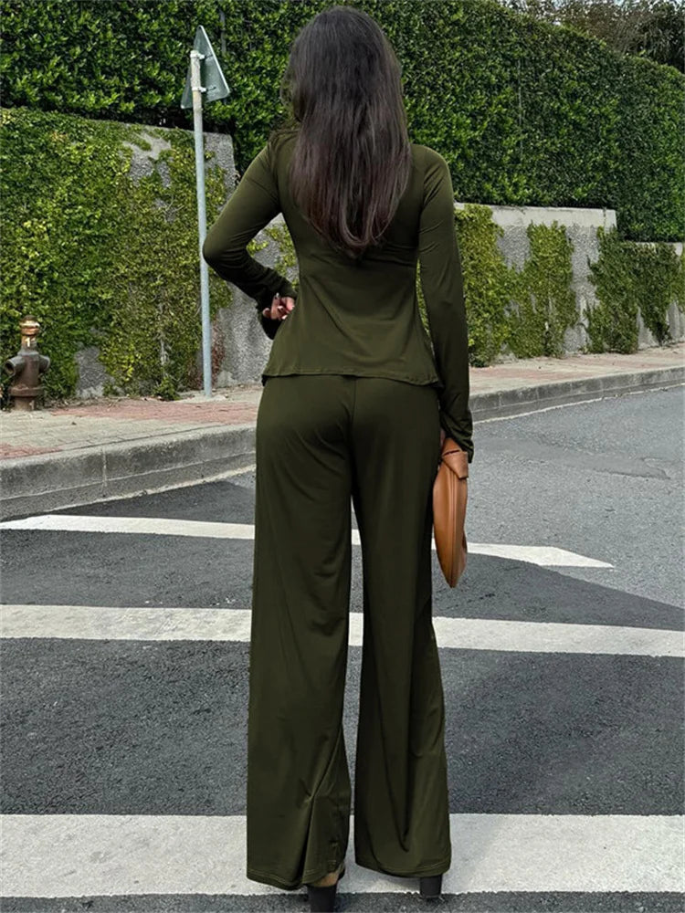 nvxiot - Fall Outfits 2024 Pleated Lace-Up 2 Piece-Set Casual Trousers Slim Long Sleeve Cropped Top And Patchwork Trousers Sets Female Pants Sets New
