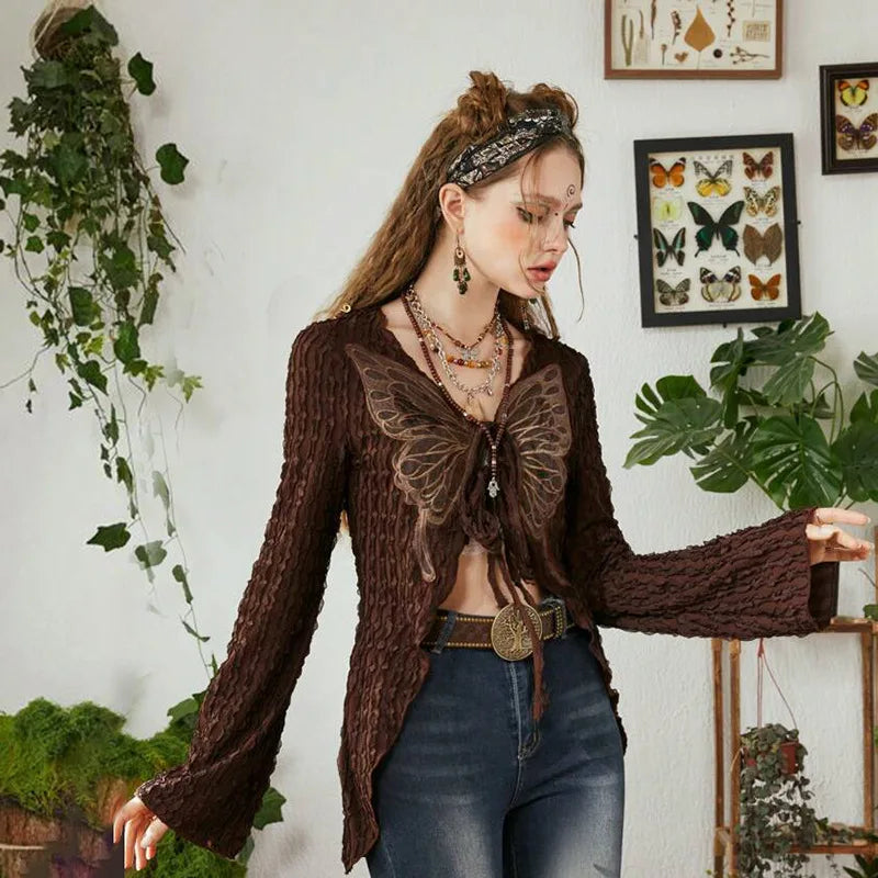 MQTIME - Retro Butterfly Print Cardigan Women's Flare Sleeved Texture Gypsy T-shirts Straps Mori Girl Vintage Slim Knitted Sweater Mujer