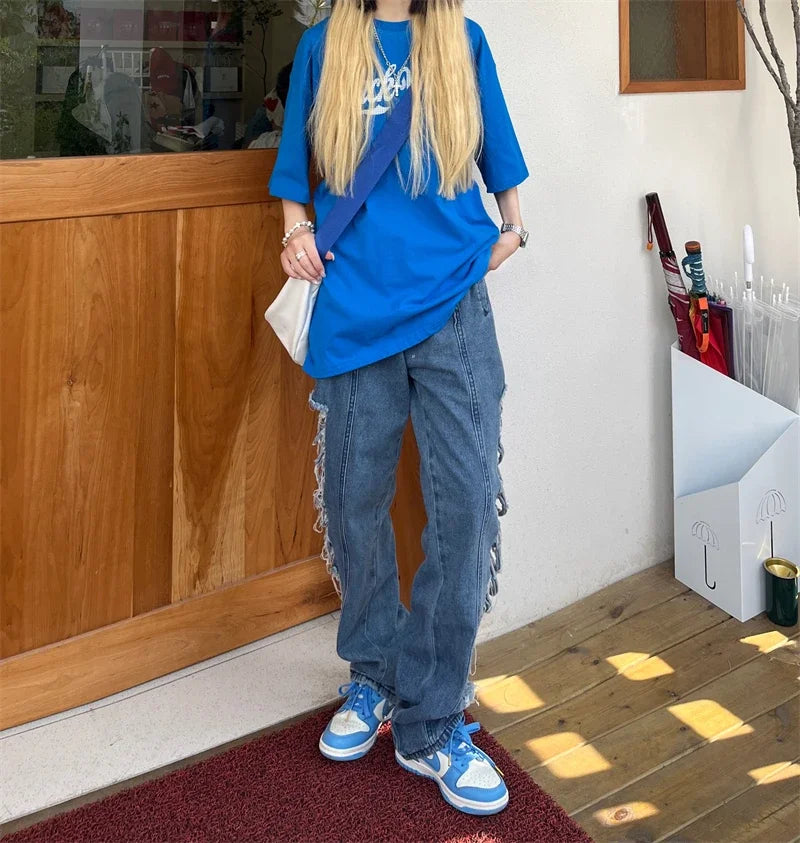 nvxiot - Side Ripped Hole Hollow Out Women's Jeans Denim Pant trousers punk hippie grunge 2023 fashion harajuku streetwear y2k high waist