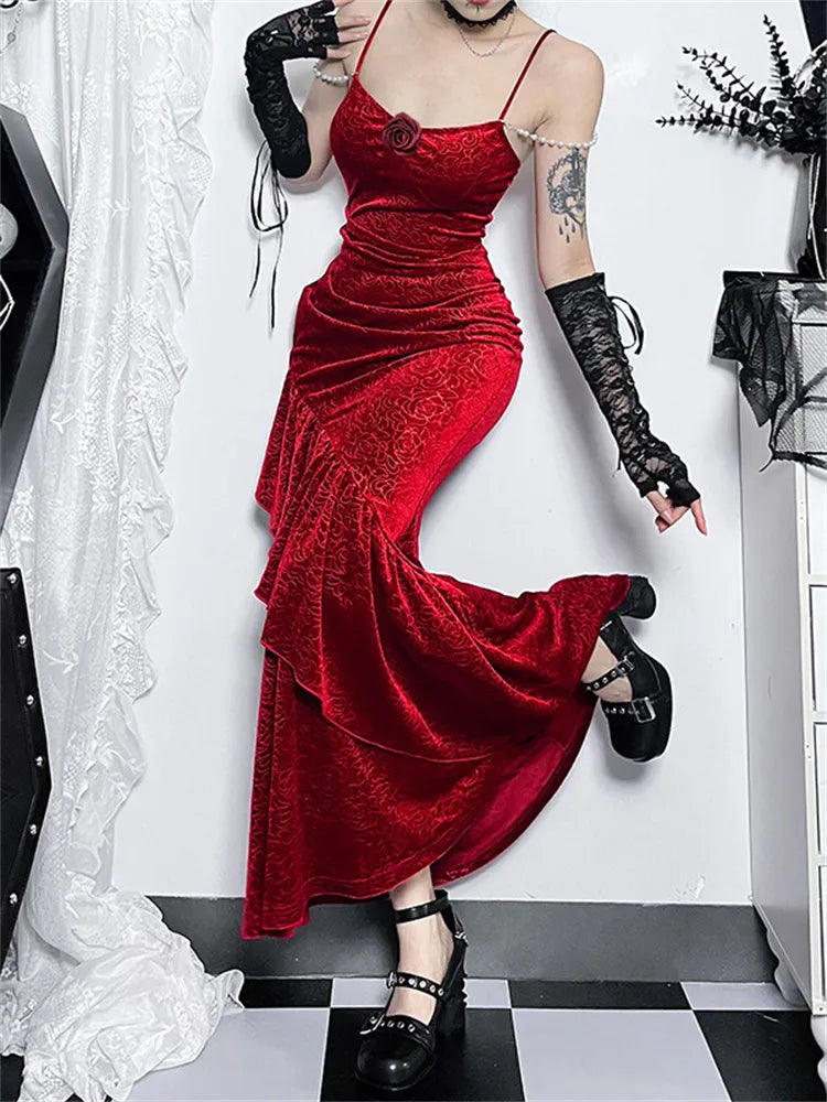 nvxiot New Retro Elegant Women Spaghetti Strap Sexy Prom Dress Strapless Bodycon Slim Red Dinner Party Long Dresses Female Summer