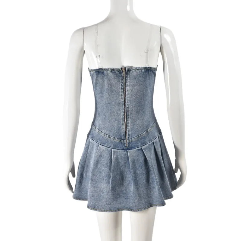 nvxiot - Women Fashion Sexy Denim Mini Pleated Dress V-neck Strapless Elastic Zip-up Backless Fit Flare Jeans Casual Summer Dresses