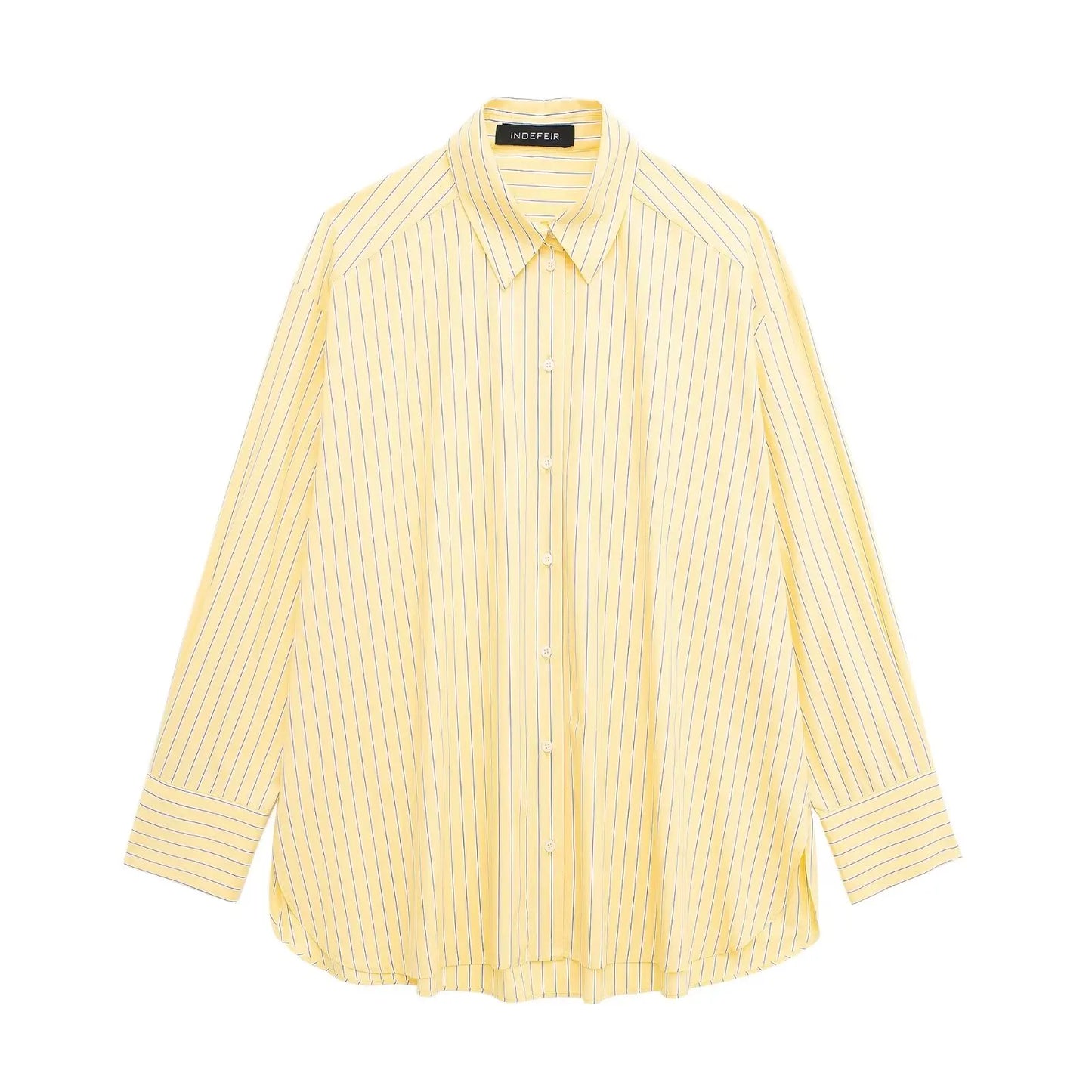 MQTIME - Blouse Women Summer New Fashion Yellow Lapel Striped Single Button Breasted Shirts Female Chic Casual Simple Shirt TRAF