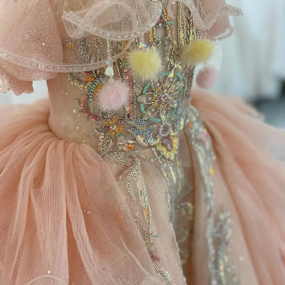 MQTIME - Luxury Coral Girl Dress Beaded Crystal Kids Princess Birthday Wedding Party Children Holiday Communion Gown 2024 J080