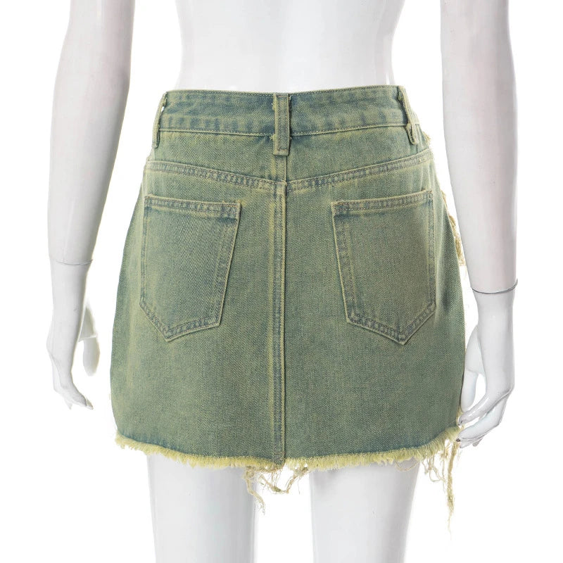 nvxiot - Tassel Holes Denim Mini Skirts Women Fashion Button Fly High Waist Jeans Petticoat Female Y2K Streetwear Wholesale Drop Shipping