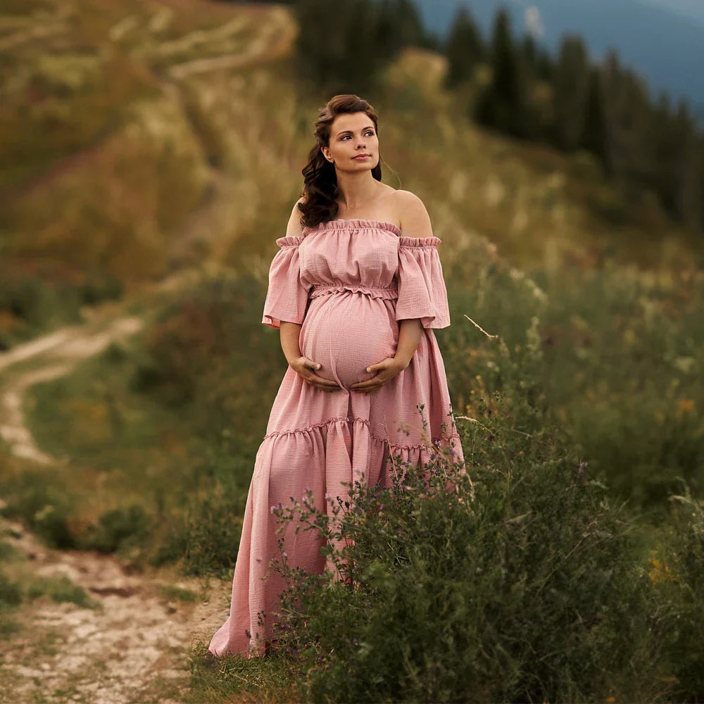 nvxiot - Women Boho Dress Comfortable Linen Cotton Maternity Clothing Vintage Short Sleeve Dress For Pregnancy Photo Shoot