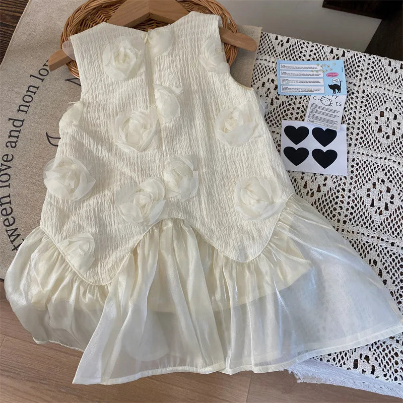 MQTIME - 2024 Summer Young Baby Girl Sundress Cotton 3D Rose Toddler Girl Princess Dress Korean Mesh Spliced Sleeveless Little Girl Dress