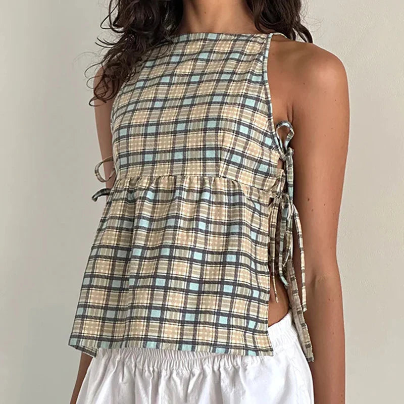MQTIME - Cottage Plaid Cut Out Side Tie Up Vest Fairycore Vintage Y2K Milkmaid Camis Women Loose Sleeveless Crop Top Holiday