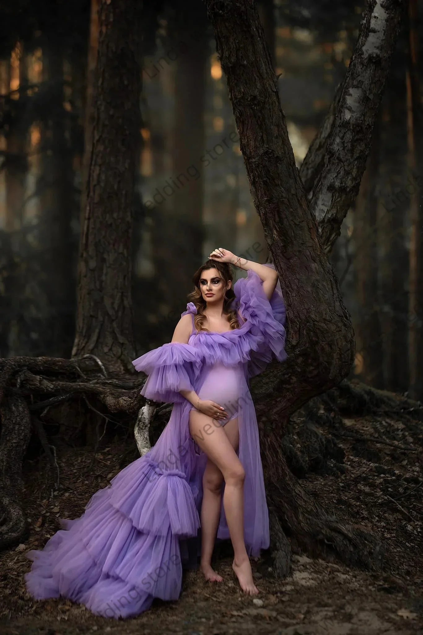 nvxiot - Purple Maternity Dress For Woman O Neckline Off Shoulder Pregnant Woman Gowns Front Slit Tiered Ruffles Baby Shower