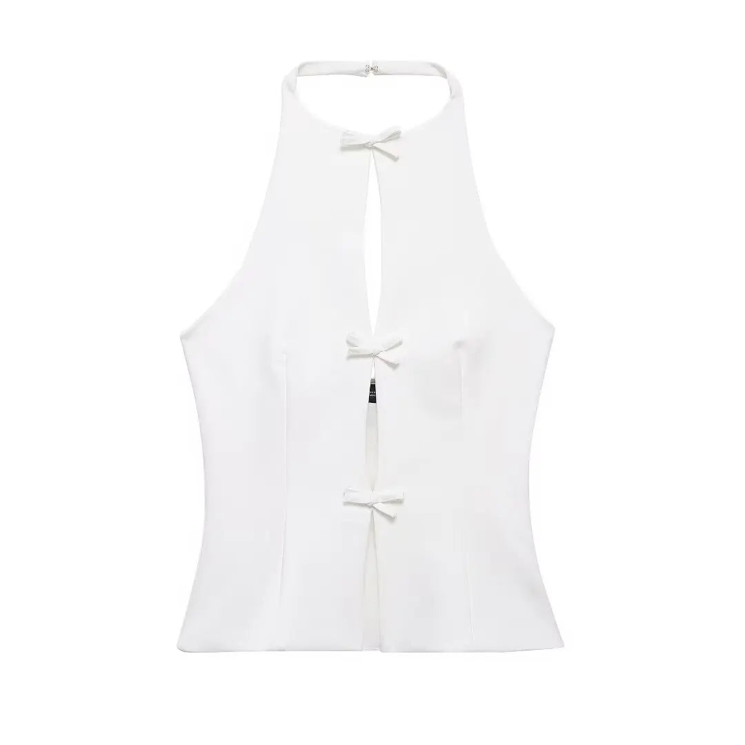 MQTIME - 2024 Summer Women's Gentle Bow-trimmed Vest Tops Halterneck Solid Off-shoulder Sleeveless O Neck Elegant Chic Tank Tops