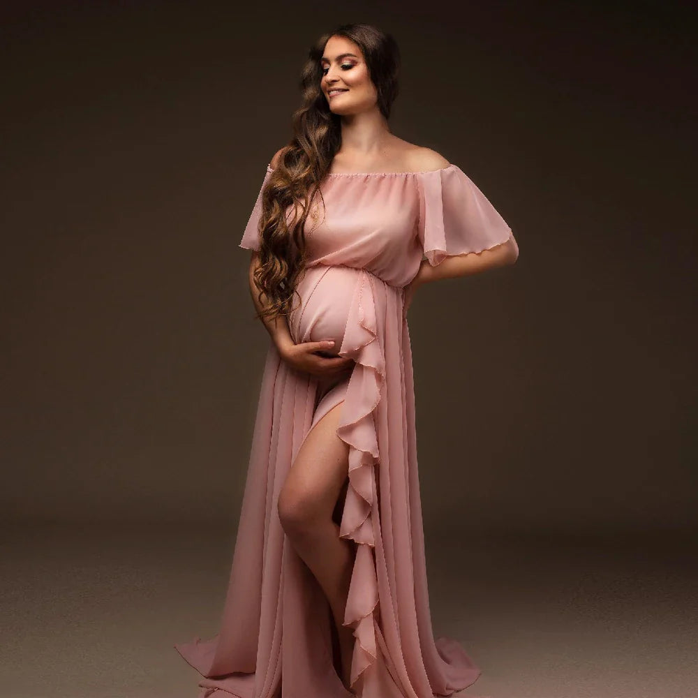 nvxiot - Maternity Photography Dress Shoulder Ruffle Sleeve Chiffon Dress Baby Shower Dress Bohemian Photo Shooting Pregnancy Dress