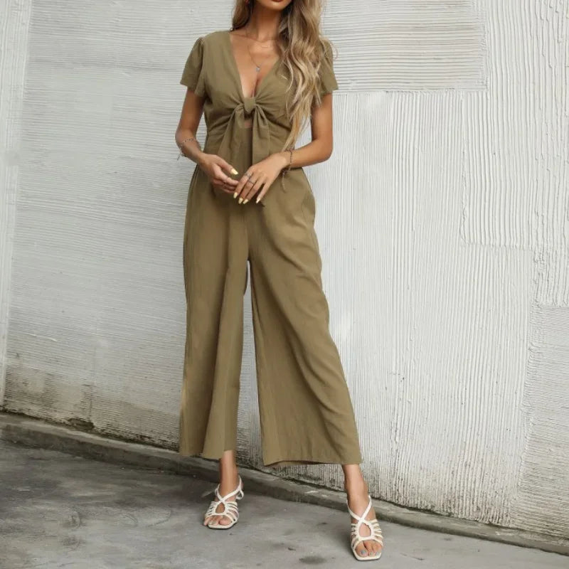 MQTIME - Sexy V-Neck Solid Color Women Jumpsuits Short Sleeve Bandage Casual Commute Playsuits Summer New Fashion Bodysuit Wide Leg Pants