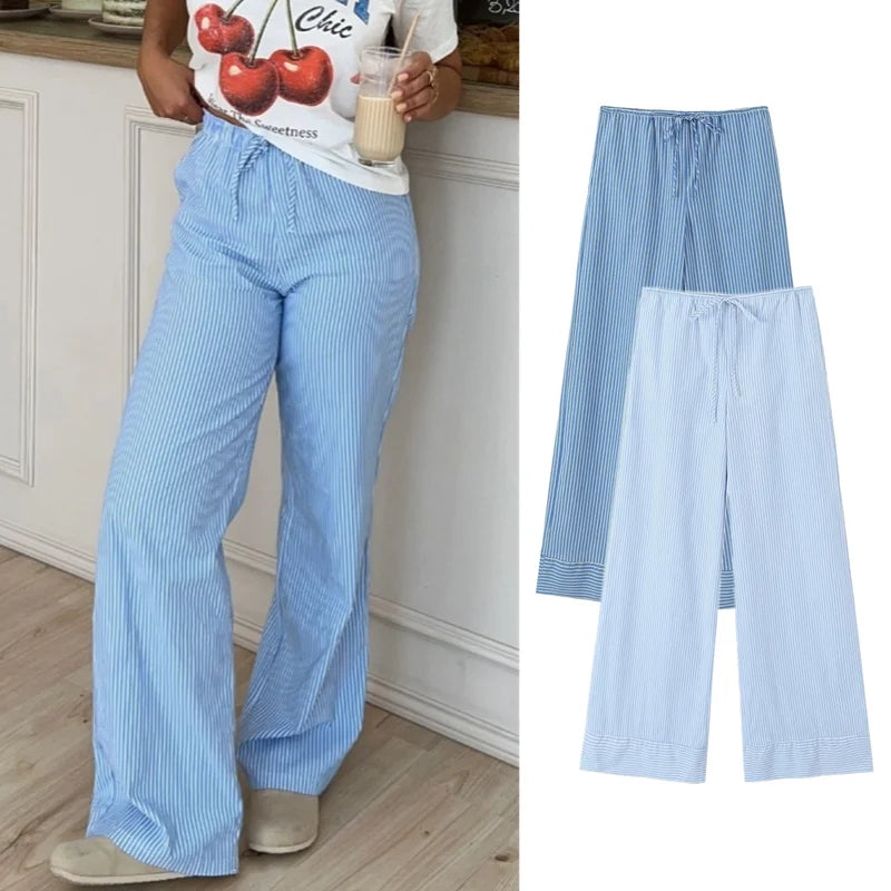 nvxiot - women's 2024 summer new loose casual pants elastic mid-waist wide-leg pants straight striped trousers 6929/410