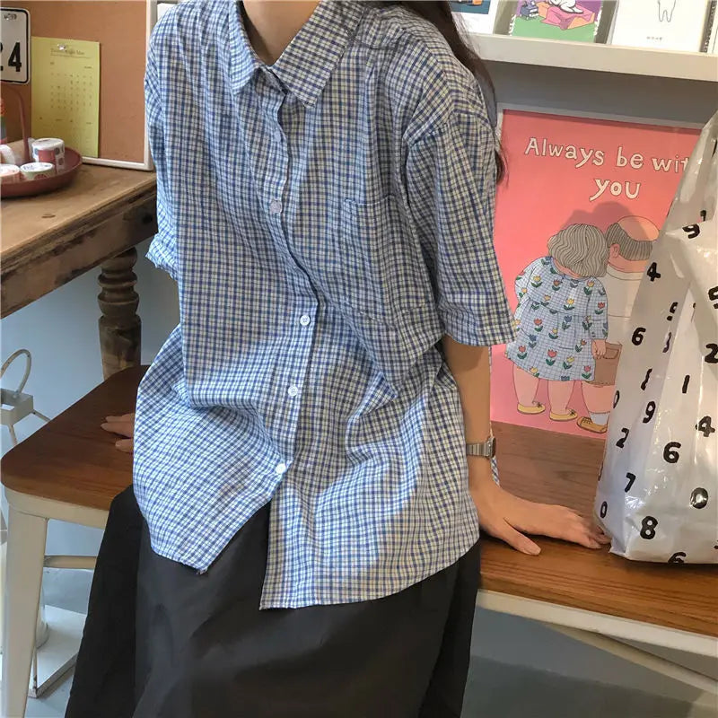 nvxiot - women summer casual plaid short sleeve blouse female oversize Japanese sweet botton shirts lady
