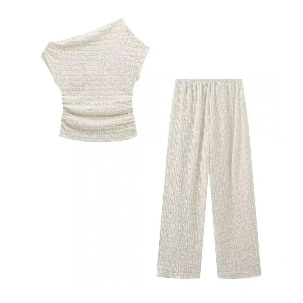 nvxiot - Woman Knitted Wide Leg Pants Set Asymmetric Textured Crop Tops Spring Summer Solid Casual Commuting Suits 2024 Fashion Lady Wear