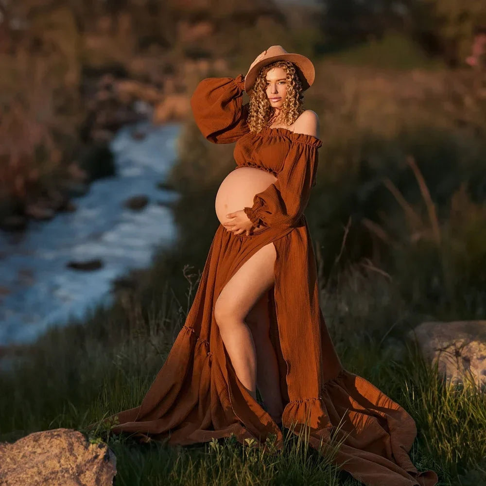 nvxiot - Retro Bohemian Pregnancy Dress Photo Shooting Comfortable Maternity Wear Linen Cotton sexy Off Shoulder Top Large Skirt Hem