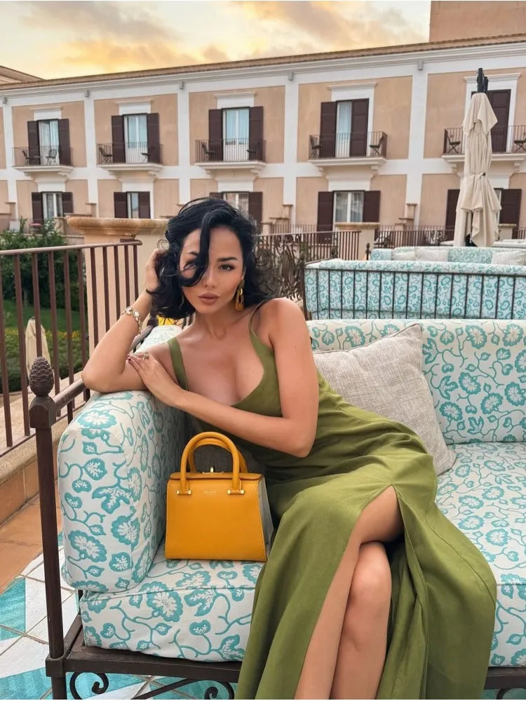 nvxiot - Square Neck Green Sling Long Dresses Women Elegant Front Split Sleeveless Sexy Dress Female Summer Vintage Holiday Robes
