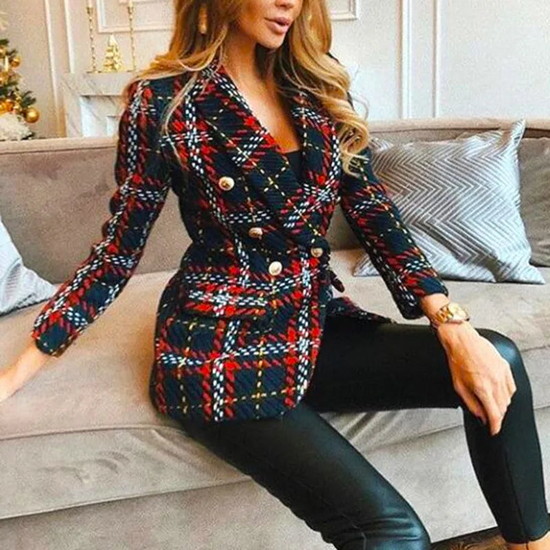 MQTIME - New Red Plaid Jacket 2024 Women Spring-Autumn Retro Tweed Suits Jackets Office Ladies Vintage Chic Slim Coats Girls Tops Coat