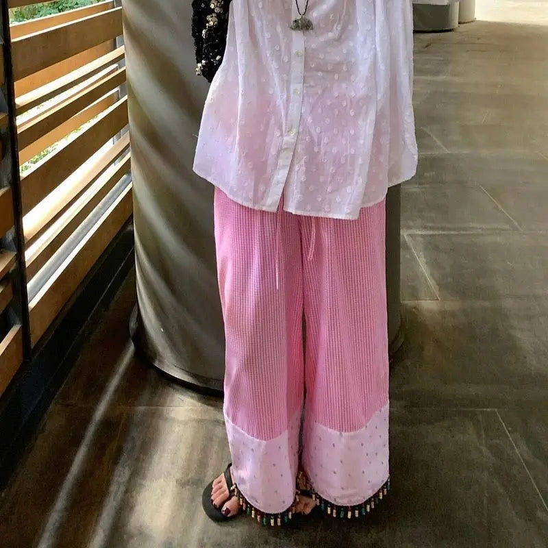 MQTIME - Summer New Fashion Contrast Color Plaid Splicing Heavy Industry Beaded Wide Leg Pants Women Trendy HIgh Waist Loose Casual Pants